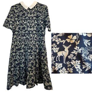 Yumi navy and white dress vintage style woodland deer floral 8/10